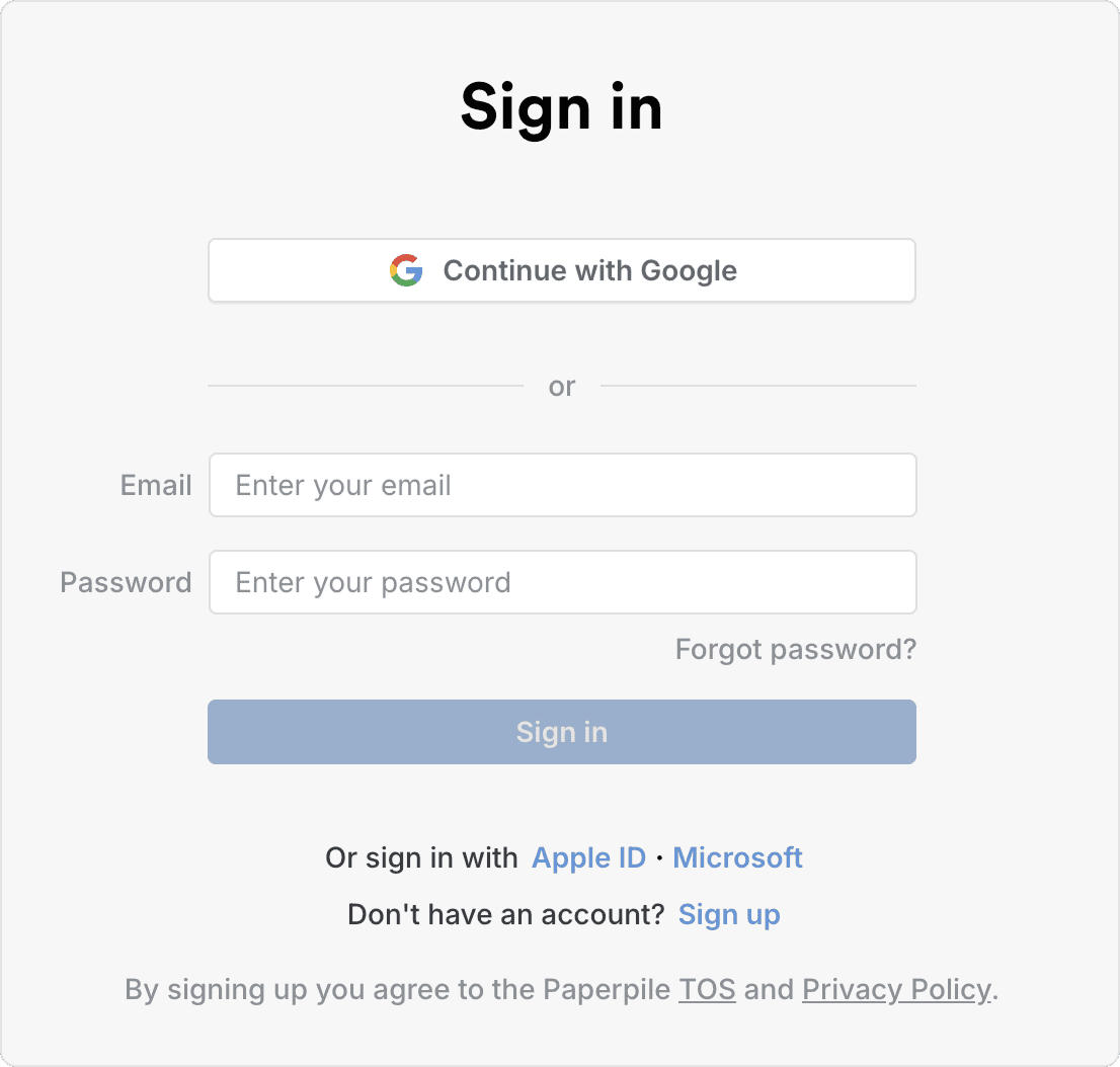 The Paperpile sign-in page with a “Continue with Google” button, Email and Password fields, a “Forgot password?” link, a Sign in button, and Apple ID and Microsoft options.